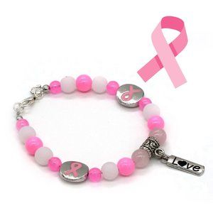 Bracelet Pink Ribbon Breast Cancer Awareness Love Charm Pink White Ribbon Beads